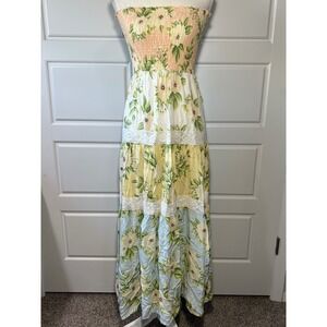 Kiwi Punch Floral Smocked Strapless Maxi Dress Beach Vacation Resortwear Size S